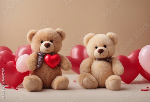 Two teddy bears standing together and a heart shaped balloon on light beige background copy space