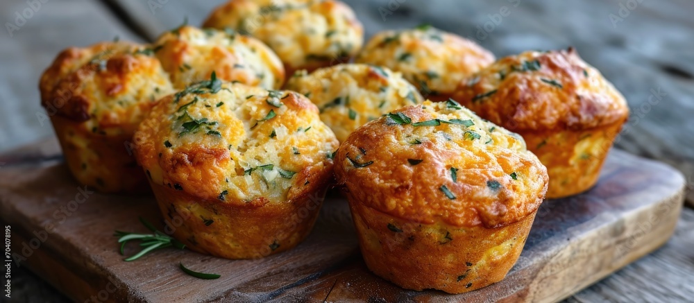Rustic surface produces perfect cheesy muffins with herbs. - obrazy, fototapety, plakaty 