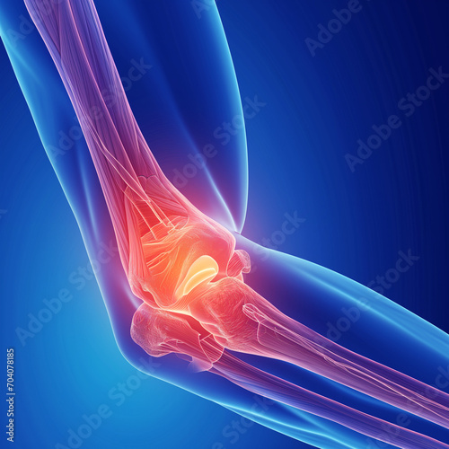 Illustration of a tennis elbow injury, anatomical details highlighted
