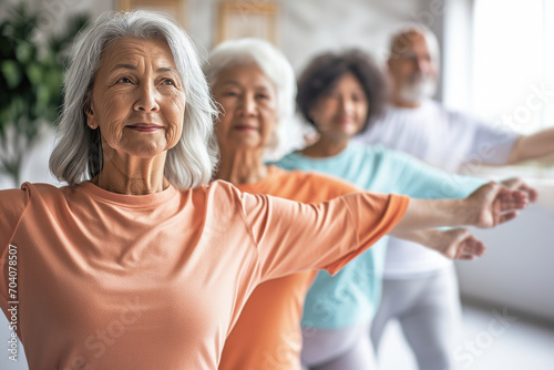 A group of elderly people from different backgrounds participating in a physical activity, a yoga class in an indoor space, to improve their physical condition and well-being, and also to socialize photo