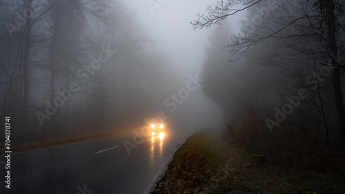 Car with the illuminated headlights on the wet road in the dark and foggy forest