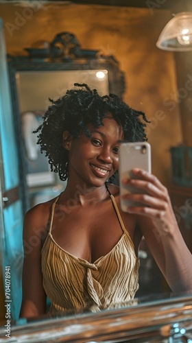 Young Black Woman Taking Selfie in Mirror with Smartphone