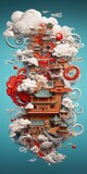 Surreal Chinese architecture illustration