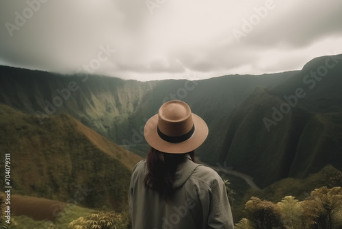 Hat Ventures: Woman Gazing at Majestic Mountains and Enchanting Forest, Immersed in Nature's Splendor