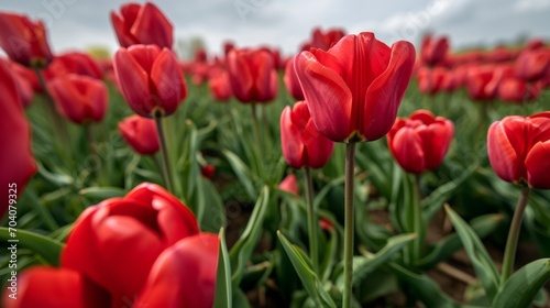 red tulips in the large garden  field  rows  delicate  flowers  vibrant  background  texture  spring  summer  close up