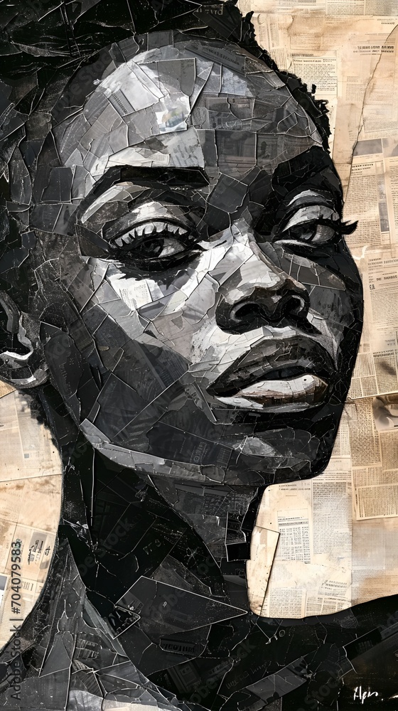 Newspaper Collage Black Woman Portrait