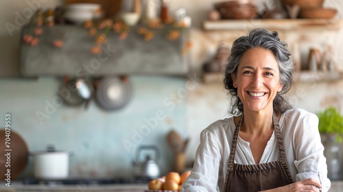 Single smiling mid-aged woman at her light vintage kitchen with hands on the table