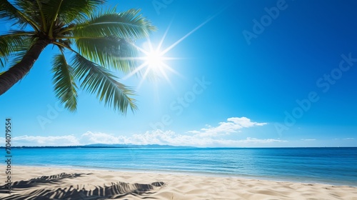 Beautiful Tropical Beach with Crystal Clear Blue Sky  Palm Trees  and White Sandy Shoreline