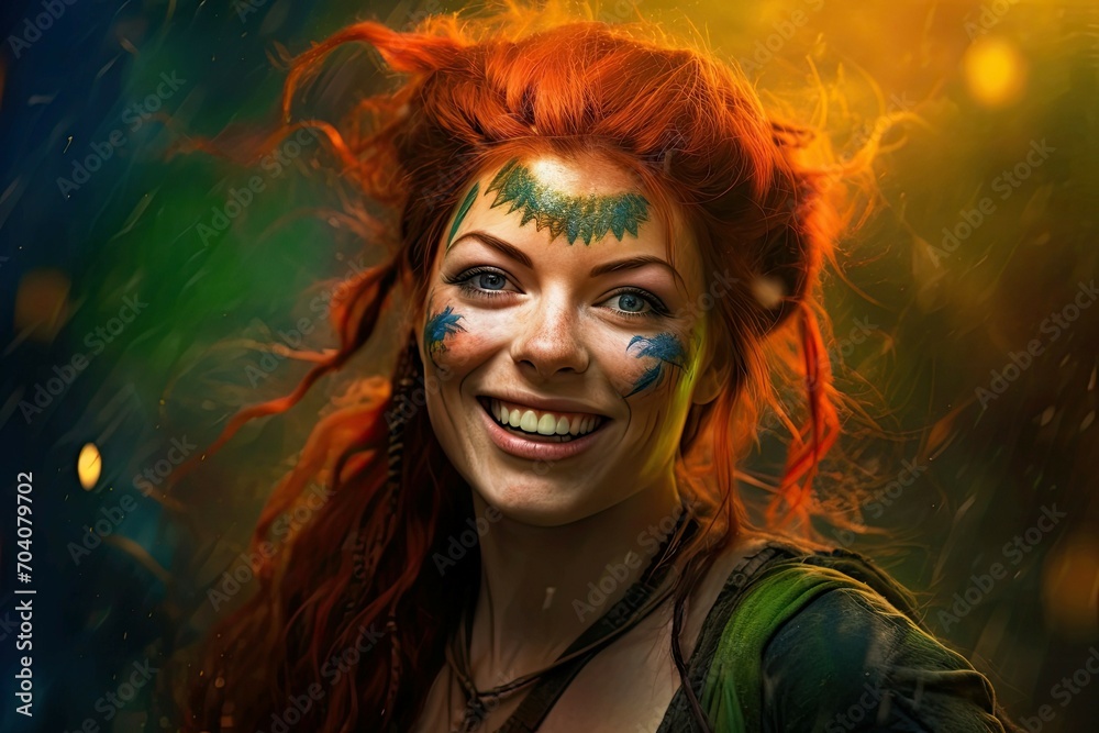 A beautiful red-haired girl with a painted face. The concept of celebrating St. Patrick