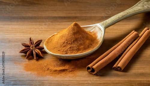 spoon with cinnamon powder and sticks on wooden table closeup