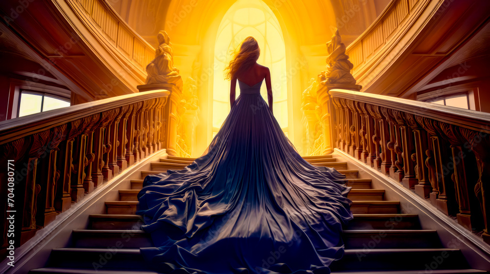 Φωτογραφία Woman in long dress walking down set of stairs in front of doorway