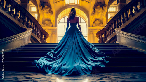 Woman in blue dress is walking down set of staircases.