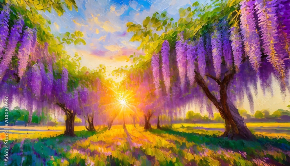 sunset in a wisteria grove beautiful spring evening landscape digital oil painting impasto printable square wall art