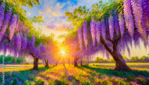 sunset in a wisteria grove beautiful spring evening landscape digital oil painting impasto printable square wall art