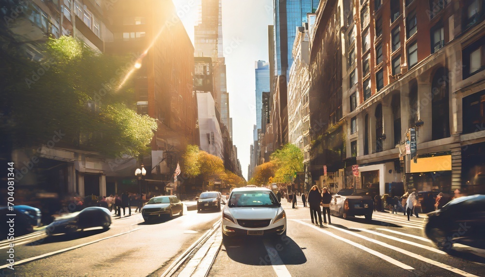 people and cars in a busy intersection on 5th avenue and 23rd street in new york city with sunlight shining between background buildings - obrazy, fototapety, plakaty 