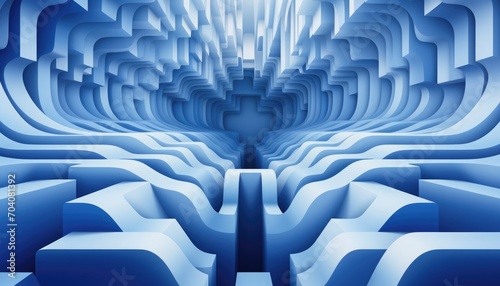 Optical illusion sqaure - The composition should feature flowing lines that are even and clean and monochrome landscapes in cool blue tones exactly hex# 0074D9, with subtly distorted figures that guid photo