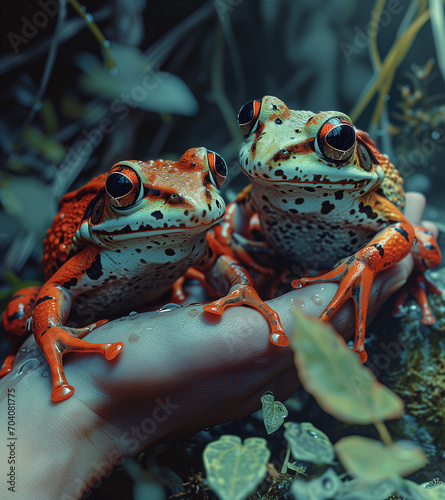 Two red-eyed tree frogs in a hand