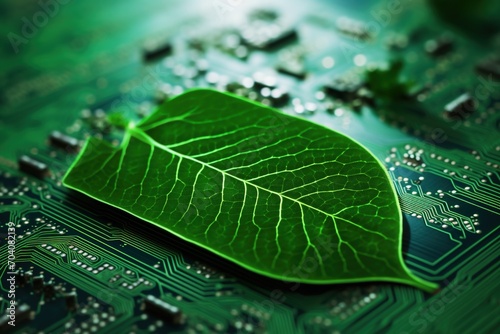 Green leaf on a circuit board