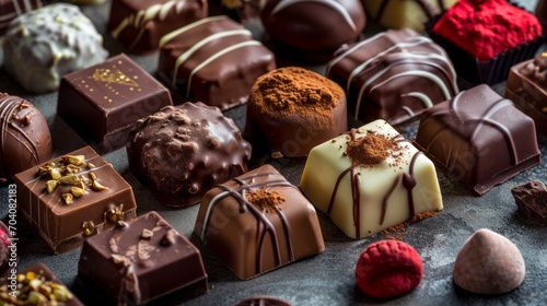 Assortment of chocolate candies on grey background, close up view