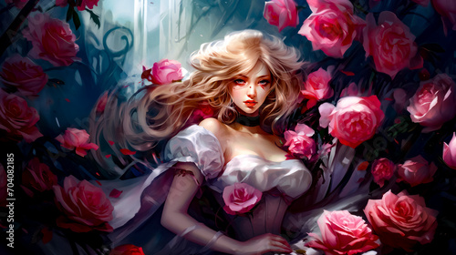 Painting of woman with long blonde hair in white dress surrounded by pink roses.