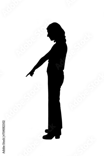 silhouette of a black and white woman pointing finger down