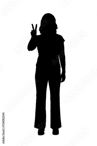 silhouette of a woman in black and white showing the v sign