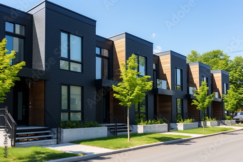 Modern black and wood townhouses with large windows photo