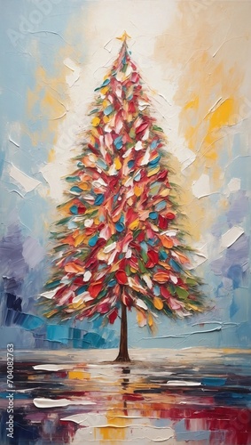 Oil painting Christmas tree artwork. Hand drawn oil painting. Christmas art background. Oil painting on canvas. Modern Contemporary art  © Saba
