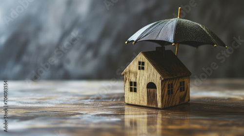 Miniature Wooden House Protected from the Elements by an Umbrella. Home Insurance Concept. Copy Space.