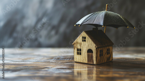 Miniature Wooden House Protected from the Elements by an Umbrella. Home Insurance Concept. Copy Space. photo