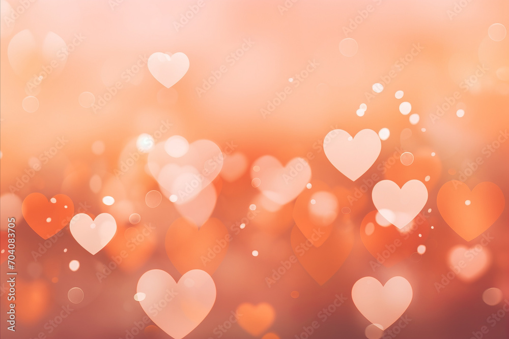 Valentines day background. Blurred heart shape bokeh background in white, red, peach fuzz colors