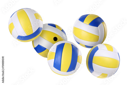 Many volleyball balls flying on white background