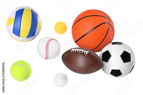 Many balls for different sports flying on white background