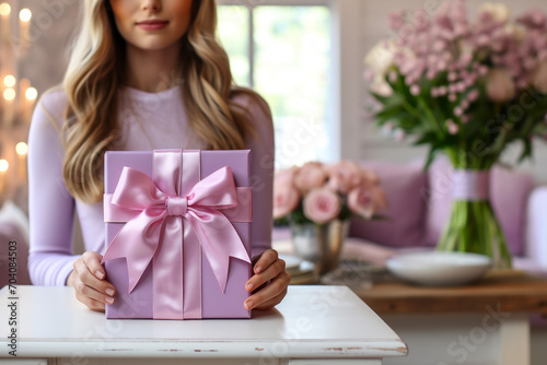 Beautiful girl holding light purple gift box with big bow, holiday, gift
