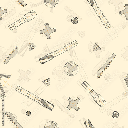 Mechanical engineering drawings on sepia background. Tap tools, borer. Technical Design. Cover. Blueprint. Seamless pattern. Vector illustration.