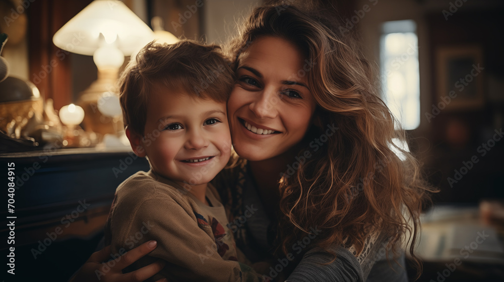 A mother with a radiant smile warmly hugs her son A mother with a radiant smile warmly hugs her son