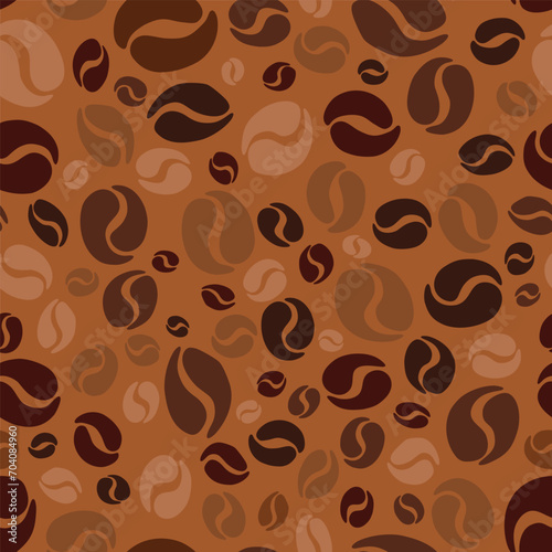 Coffee beans seamless pattern on a brown background. Vector wallpaper	