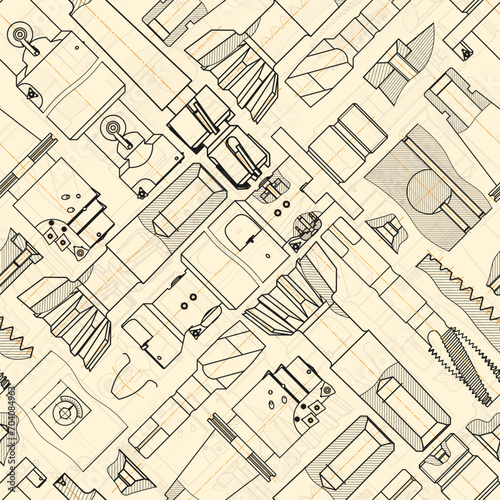 Mechanical engineering drawings on sepia background. Tap tools, borer. Technical Design. Cover. Blueprint. Seamless pattern. Vector illustration.