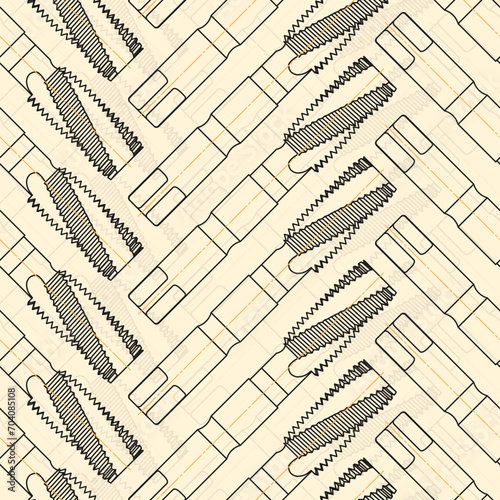 Mechanical engineering drawings on sepia background. Tap tools, borer. Technical Design. Cover. Blueprint. Seamless pattern. Vector illustration.
