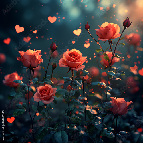 A garden of pink roses at night with illuminated hearts