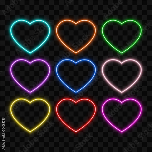 Neon heart, multicolor set of glowing signs, vector illustration.
