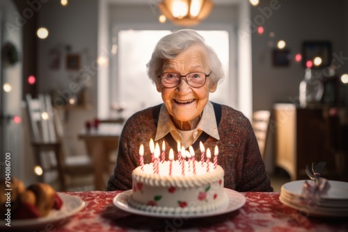 an elderly woman blows out the candles on a birthday cake at her home