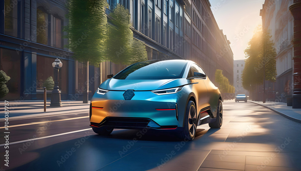 Concept electric car of the future in bright light on the city streets, beautiful graphic illustration, pop art, Concept electric car of the future in bright light on the city streets, beautiful graphic illustration, pop art,
