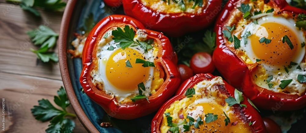 Stuffed bell peppers with eggs, seen from above in red.