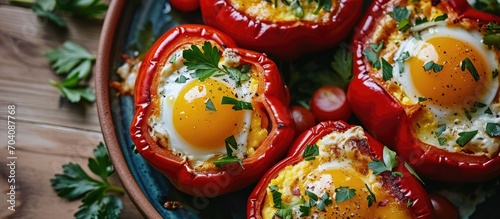 Stuffed bell peppers with eggs, seen from above in red. © TheWaterMeloonProjec