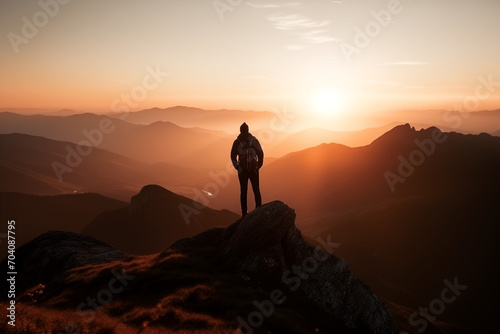 Summit Elation: Hiker Reaches Mountain Apex, Reveling in the Breathtaking Panorama Below © Generated Creations