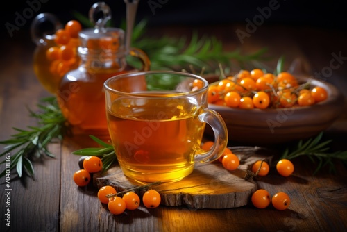sea buckthorn tea, a delicious hot healthy drink in a cup and a scattering of orange berries on the table.