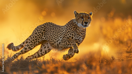 Swift Cheetah Sprinting at Sunset - High-Speed Predator Chase in Dusty African Savannah, Wildlife Action Shot, Endangered Fastest Land Animal