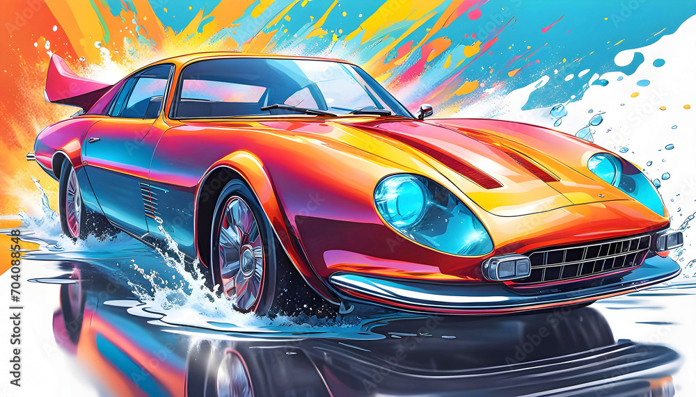 Modern car in bright light and splashes of water, beautiful graphic illustration, pop art,	
