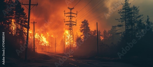 Forest fire near the road beneath power lines.